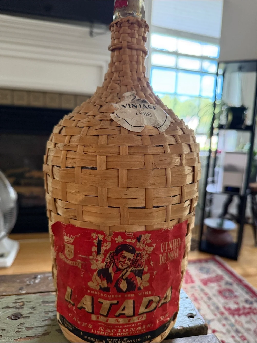 Vintage-Style Wicker Bottle with Red Label -